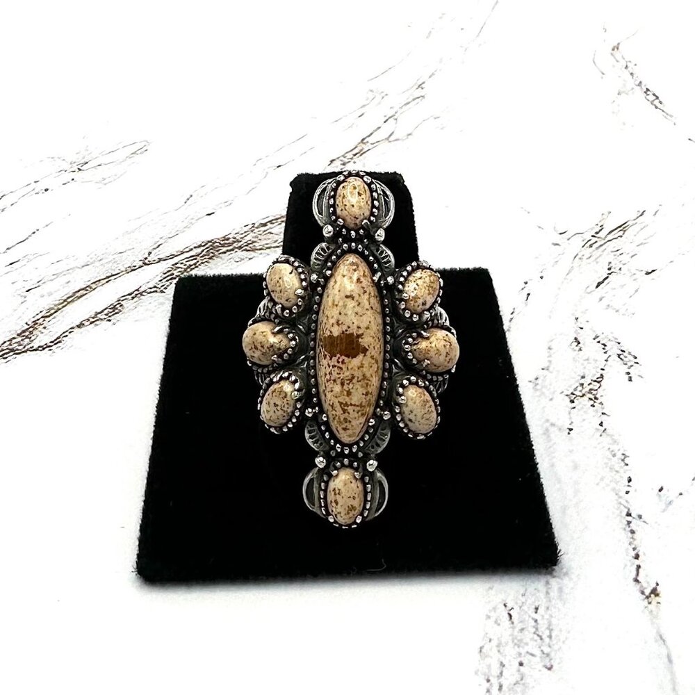 American West Picture Jasper Cluster 925 Sterling Silver Cocktail Ring Size 9